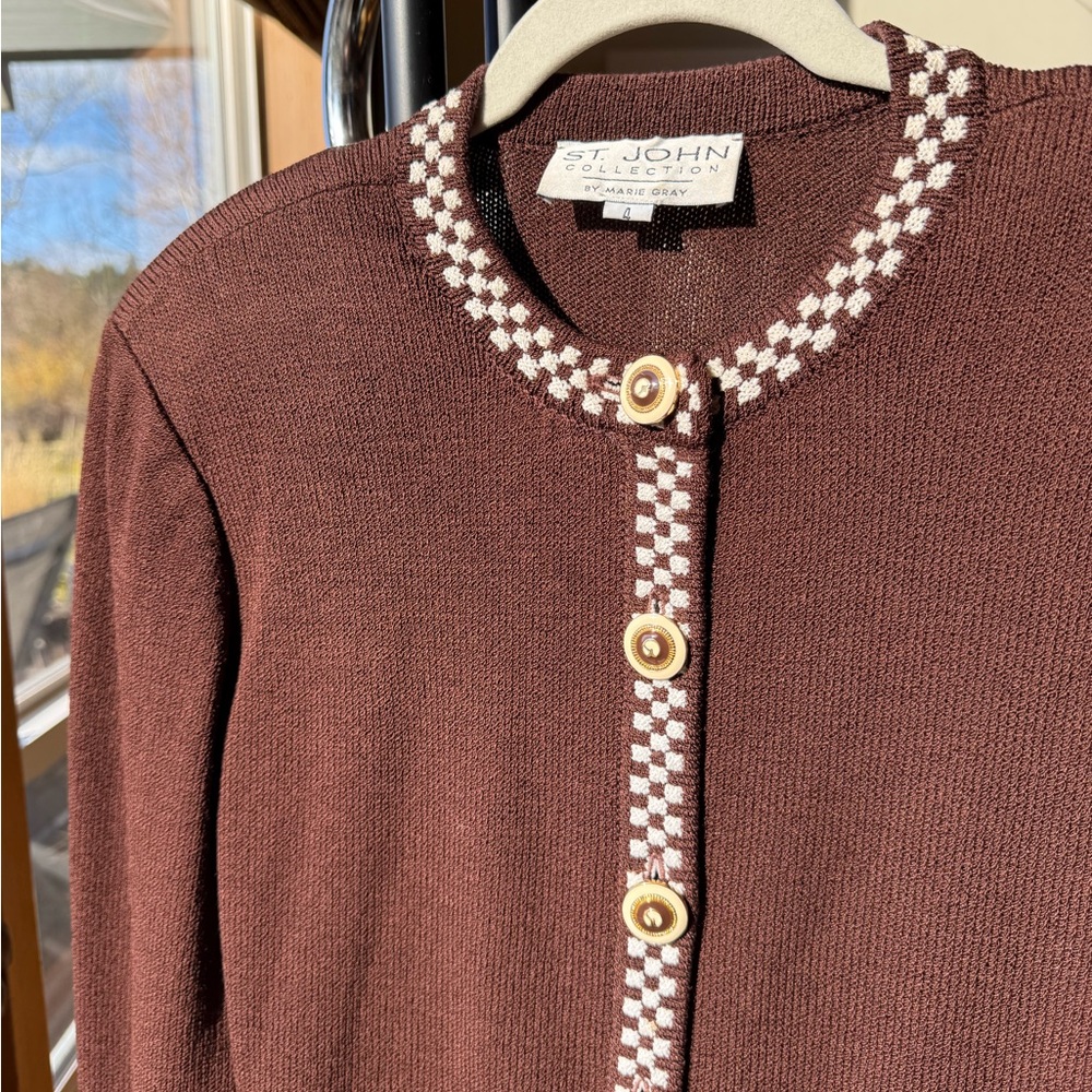 St. John Brown Jacket with Checkered Trim & Matching Skirt - Picture 2 of 9